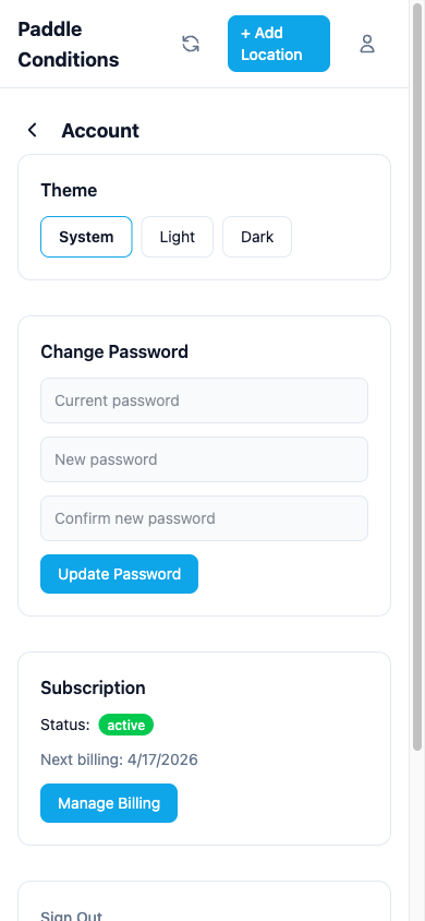 Account page showing theme toggle, password change, and subscription management