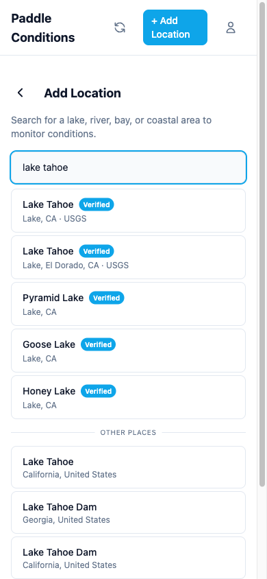 Add location search showing curated results with verified badges and geocoded results